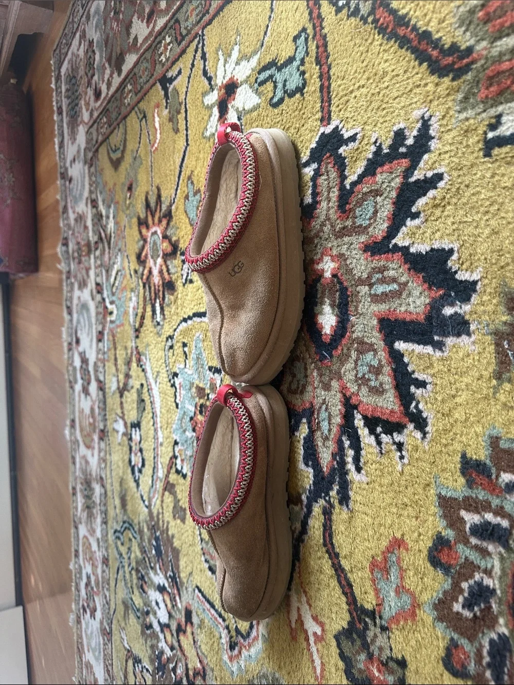 UGG Kids Tan Suede Slip-On Shoes with Red Trim